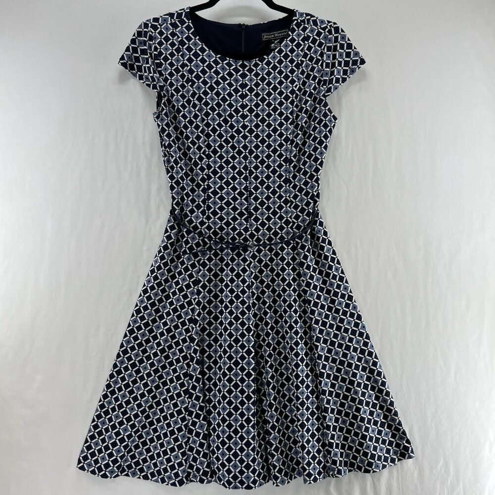 Jessica Howard Dress Women 4P Cap Sleeve Geometric Print Belted A-Line Navy Blue